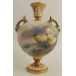 A Royal Worcester bulbous bodied vase, decorated with three sheep in a landscape, with vignette to