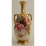 A Royal Worcester twin handle vase, decorated with roses by Flaxman, shape number 1762, height 8ins