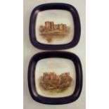 A pair of Royal Worcester square plates, decorated with Chepstow Castle and Ludlow Castle, circa