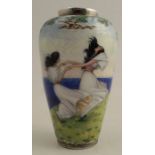 An unmarked silver and enamel vase, decorated with two girls dancing on a grassy cliff with sea