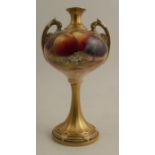 A Royal Worcester two handled spherical vase, raised on a gilded elongated trumpet base, decorated