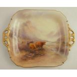 A Royal Worcester two handled dish, decorated with highland cattle in a landscape, cracked, 8.5ins x