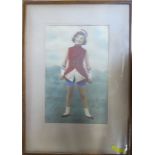 A vintage photograph with over painting, of an American girl wearing a red tunic, bears signature,
