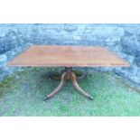 A late Georgian rectangular crossbanded mahogany breakfast table, raised on a turned column, with