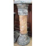 A marble topped column, in grey and pink veined marble, carved with flowers, height 29ins,