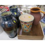 A pair of Belgium pottery vases, together with a plant pot, jug, children's mugs and plated cutlery