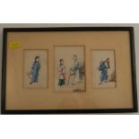 A Chinese watercolour on rice paper, figural study, three images framed together, 4ins x 3ins, 3.