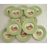 Twelve Royal Worcester plates, printed painted with named villages, to a green and gilt border,