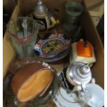 A box of sundry china and glass to include Stein tankards