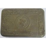 A WW1 Christmas 1914 brass tin, containing unopened tobacco and cigarettes, with card