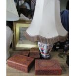 An Imari pattern pottery lamp base, in the Royal Crown Derby style, together with five Eastern style