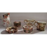 A collection of Royal Crown Derby miniature Imari pattern porcelain, to include two trinket boxes,
