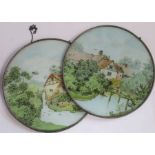 Two  19th century circular flue covers decorated with a watermill and figure crossing a bridge to