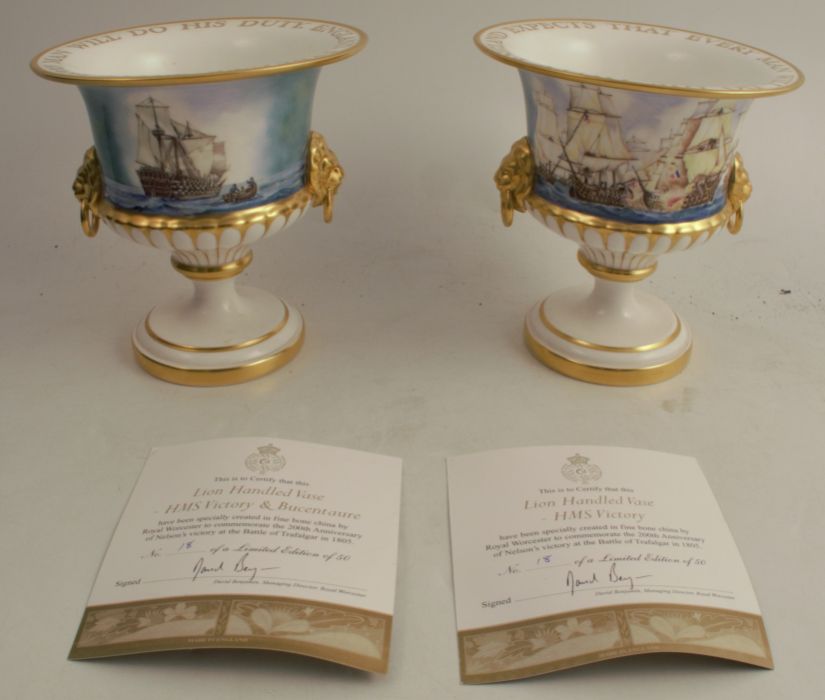 A pair of modern Royal Worcester limited edition lion handled vases, HMS Victory & Bucentaure and