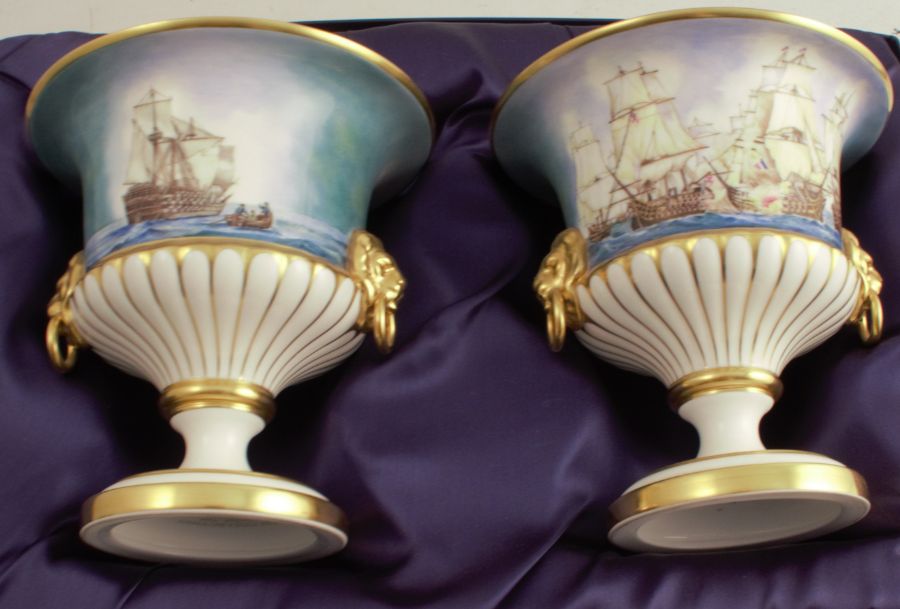 A pair of modern Royal Worcester limited edition lion handled vases, HMS Victory & Bucentaure and - Image 6 of 6