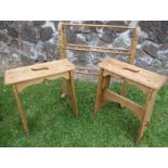 A pair of pine stools, together with a towel rail