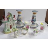 A pair of Poole pottery candlesticks, height 6ins, together with various pieces of decorative