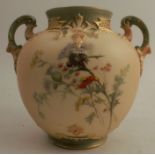 A Royal Worcester blush ivory vase, decorated with thistles and flowers, with green handles, shape