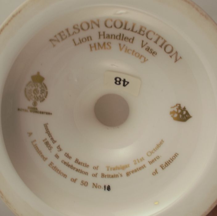 A pair of modern Royal Worcester limited edition lion handled vases, HMS Victory & Bucentaure and - Image 4 of 6