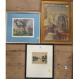 Two framed watercolours, interior of St Thomas Church Monmouth and a view of a house, together