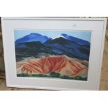 A framed colour print, mountain range, 21ins x 31ins