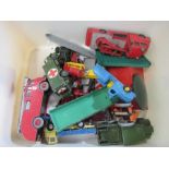 A box of assorted Dinky toys, include Super Dinky fire truck, military vehicles and Budgie toys