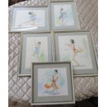 J W, 5 watercolours of dancers, monogrammed, 11.75ins x 10ins and down