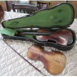 A cased violin, with two piece back, marked FB, together with a bow
