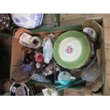 A box of assorted china, to include cabinet plates decorated with flowers, glassware, Royal