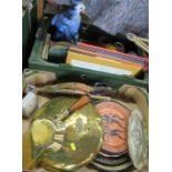 Two boxes of items, to include decorative wall plates, brassware, tea cards, hat stands etc