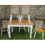 A pine kitchen table, together with 5 chairs, with white painted spindles and legs, table 30ins x