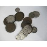 A collection of coins, to include six pence, four pence, French coins etc
