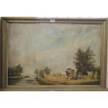 An oil on canvas, landscape with gypsy camp, 19ins x 29.5ins