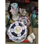 A box of china, to include continental centre piece, Imari plate, 19th century dish and other