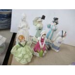 Six unmarked porcelain figures, one af