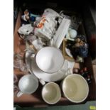 A box of assorted china and glass, including lighter, Chinese figure, Staffordshire figure, etc.