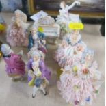 8 Continental porcelain lace figures, height 3.5ins