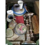 A box of assorted sundries, to include brush set, cabinet plates, candle sticks, etc. (37269)