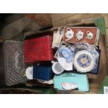 A box of china, including miniature Coalport tea set, Royal Worcester, Wedgwood, and enamel spoon