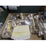 A box of silver plated items to include condiments, lighter, etc. and a silver sugar shovel