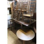 A drawer leaf dining table, together with four ladder back chairs, tea trolley and circular coffee