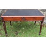 A 19th century mahogany desk, with writing surface, fitted with two frieze drawers, raised on turned