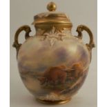 A Royal Worcester covered vase, decorated with Highland cattle by J Stinton, shape number 1515,