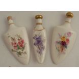 Three Royal Worcester porcelain scent bottles, decorated with flowers, circa 1890, two with gilt