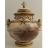 A Royal Worcester covered bow piece, decorated with highland cattle in a landscape by John