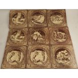 Nine Minton Hollins & Co pottery tiles, printed in brown and white with animals, 8ins x 8ins