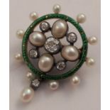 A diamond, half pearl and enamel brooch, centred with a cluster of graduated old cut diamonds and