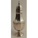 An octagonal silver sugar caster, of baluster form, marks rubbed, weight 5oz, height 7.5ins