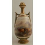 A Royal Worcester table lamp, with two gilt handles and gilt column, decorated with Highland