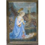 A gilt framed watercolour painting of The Adoration of the Christ Child, after the original by